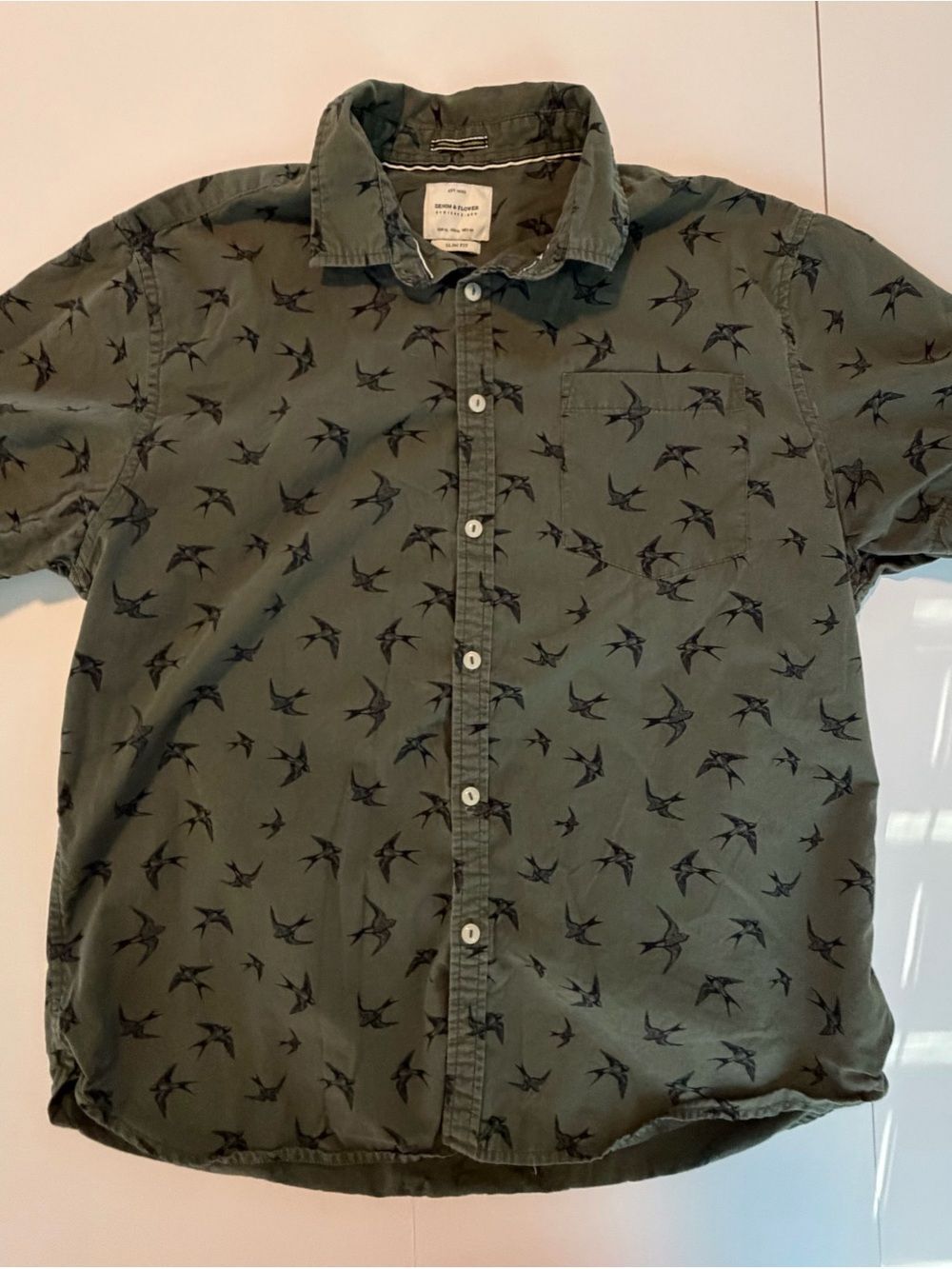 Denim & Flower Olive Green Short-Sleeve Button-Down Shirt with Bird Print-XL